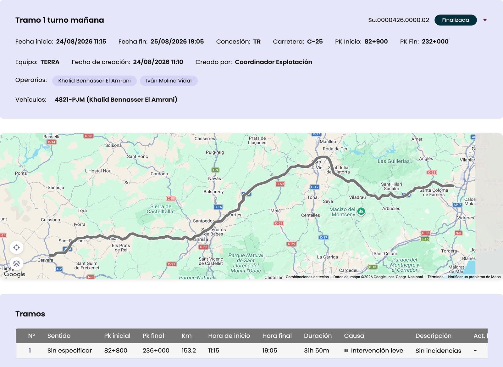 Ficha del recorrido con equipo, operarios, mapa y tabla de tramos