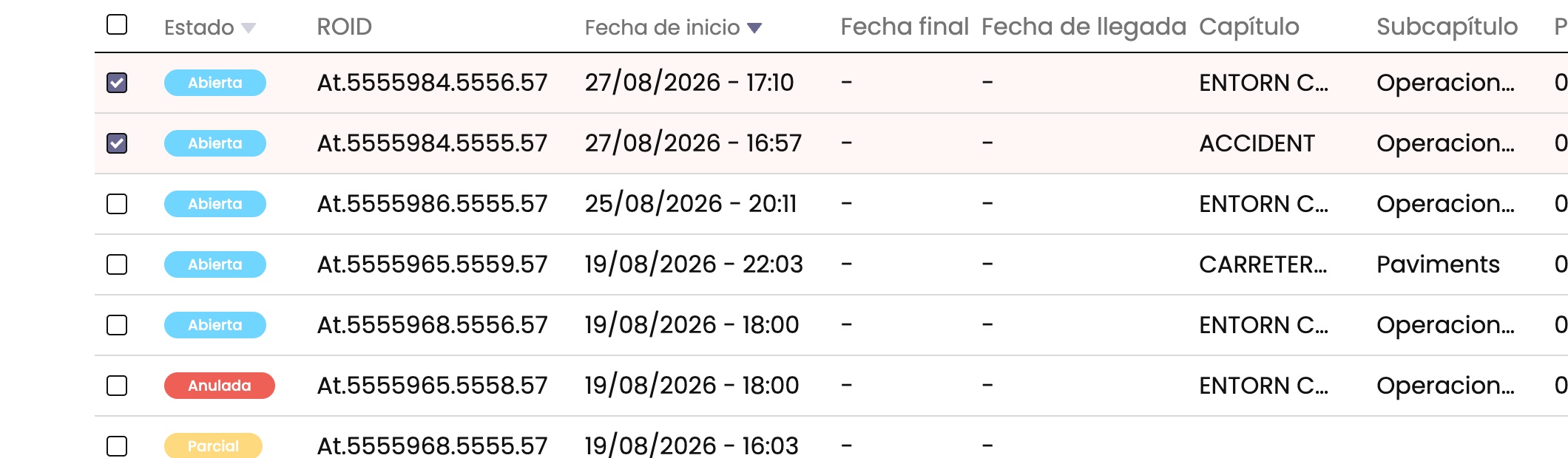 Listado de actuaciones históricas con su estado, listas para exportar