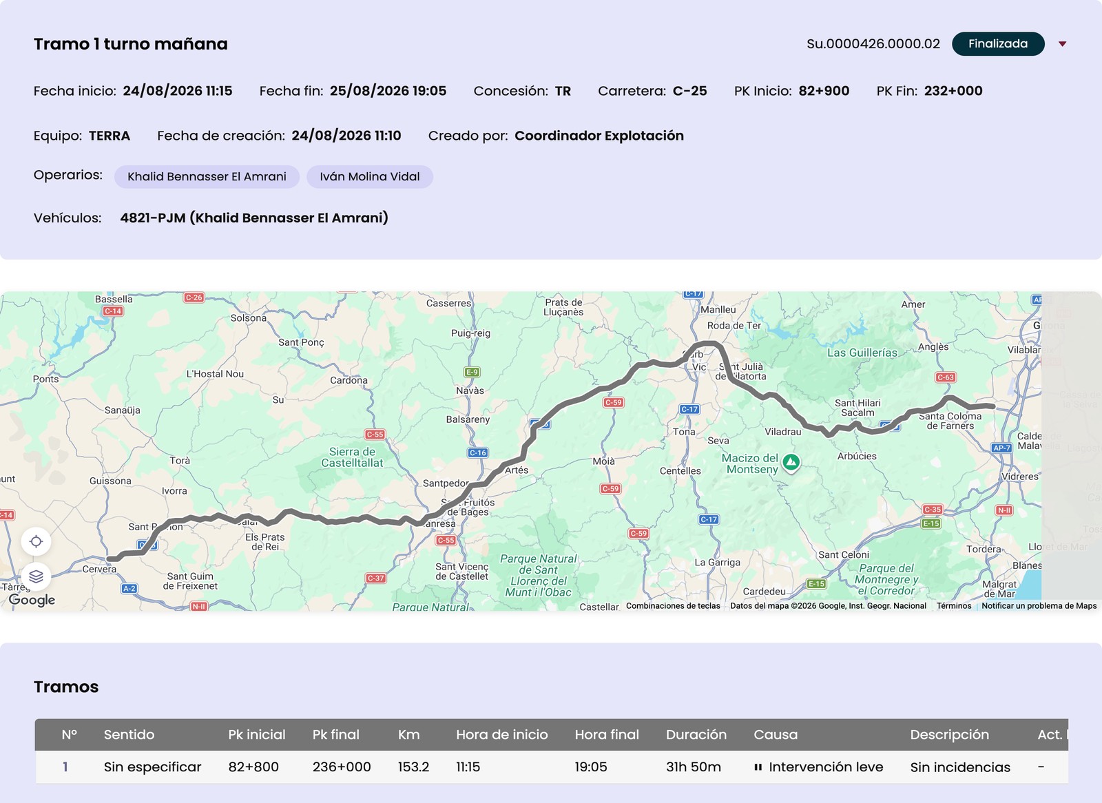 Ficha del recorrido con equipo, operarios, mapa y tabla de tramos